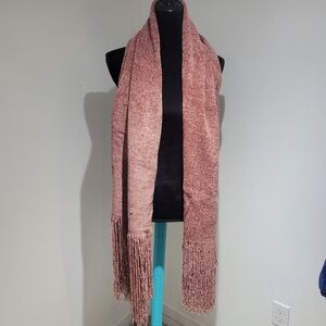 Hand Knit Womens Chenille Oversize Scarf Fringe Pink Soft Cozy Homemade Feminine